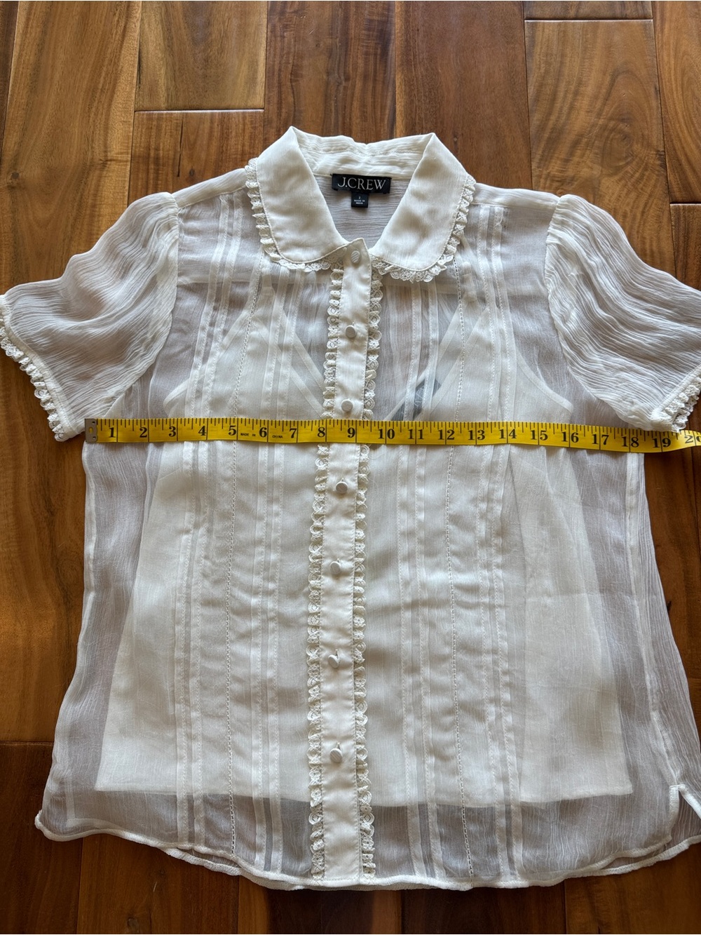 Sheer White Lace-Trim Short Sleeve Blouse - Picture 6 of 11